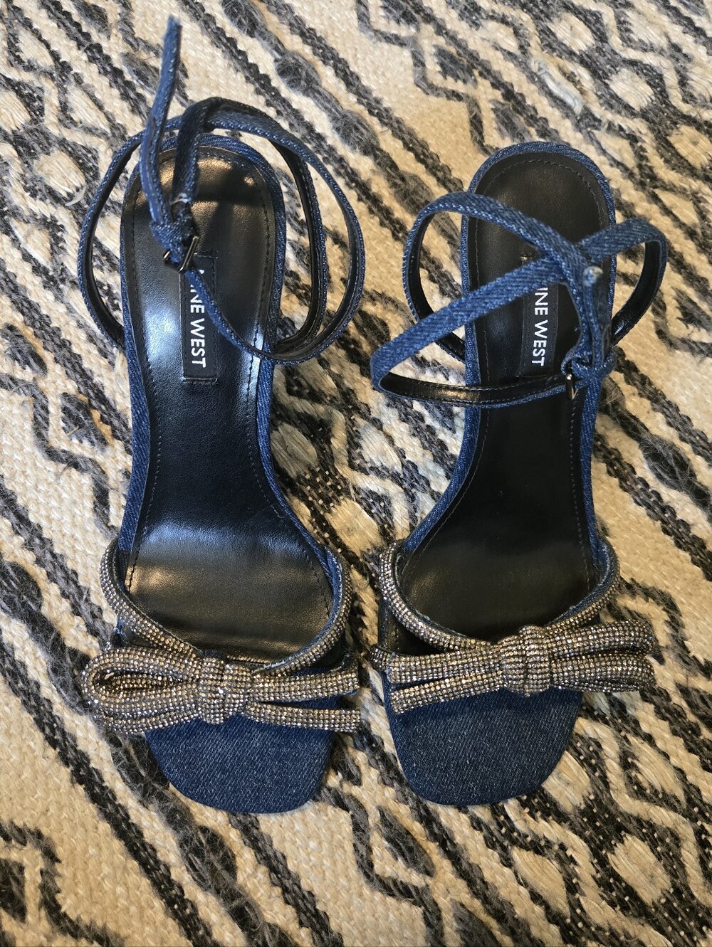 Nine West Denim Sandal Heels With Sparkly Bow Sz 7